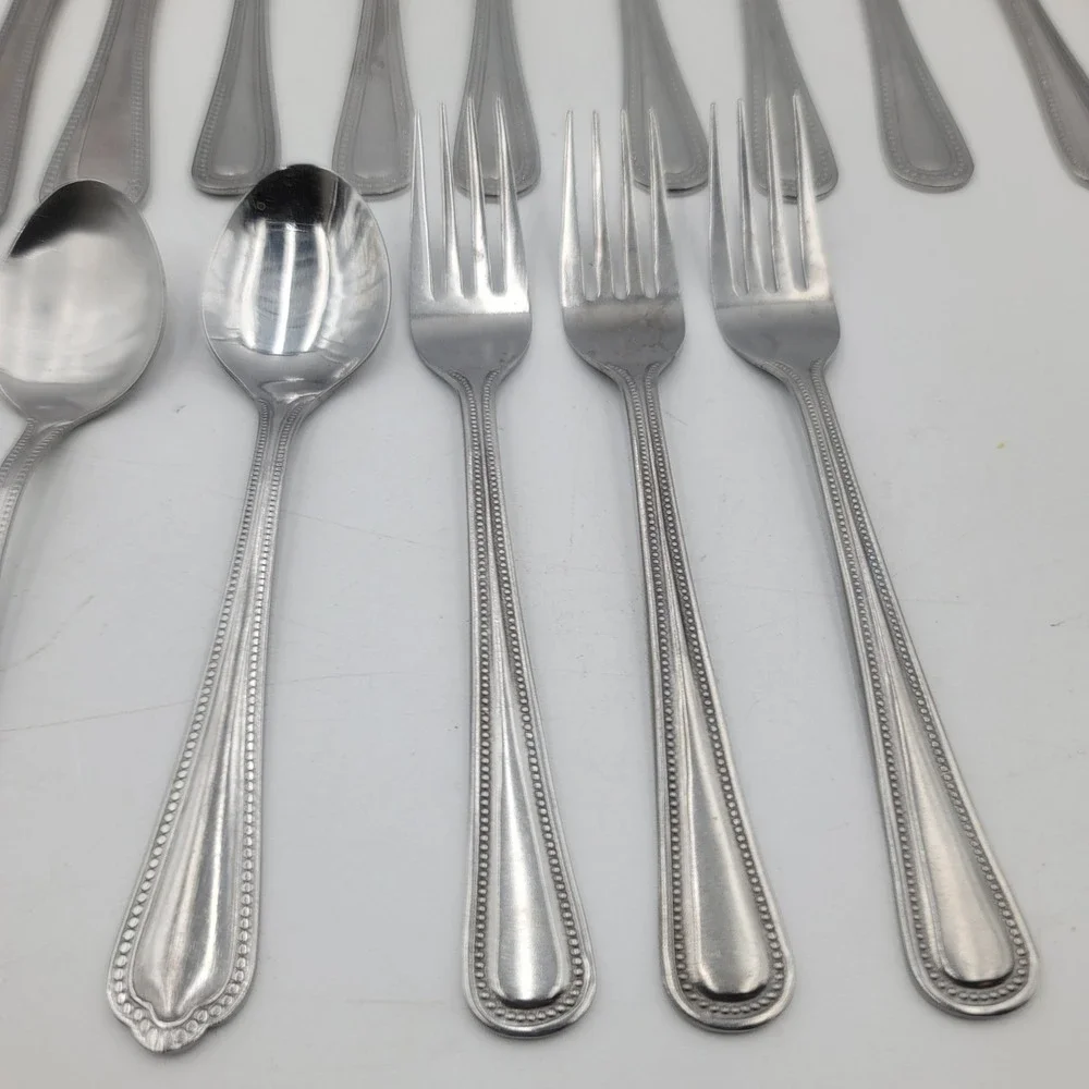 23 Pc Mixed Flatware Lot Stainless Steel Beaded Border Knives Forks Spoons